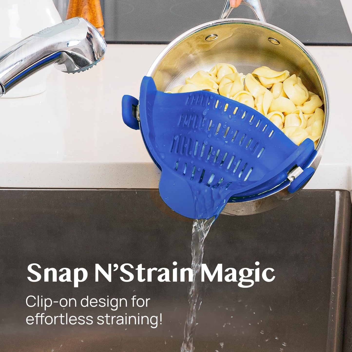 Kitchen Gizmo Snap N' Strain - Silicone Pasta Strainer Clip-On for Pots and Pans - Heat Resistant Colander for Vegetables and Noodles - Kitchen Gadgets for Cooking - Space-Saving Design - Gray