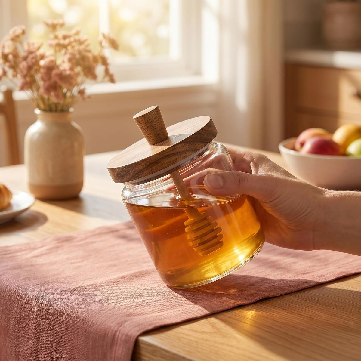 17 oz glass honey jar with wooden dipping spout and lid, sealed honey dispenser, kitchen wide mouthed honey pot, rural glass honey jar with dipping spout stick