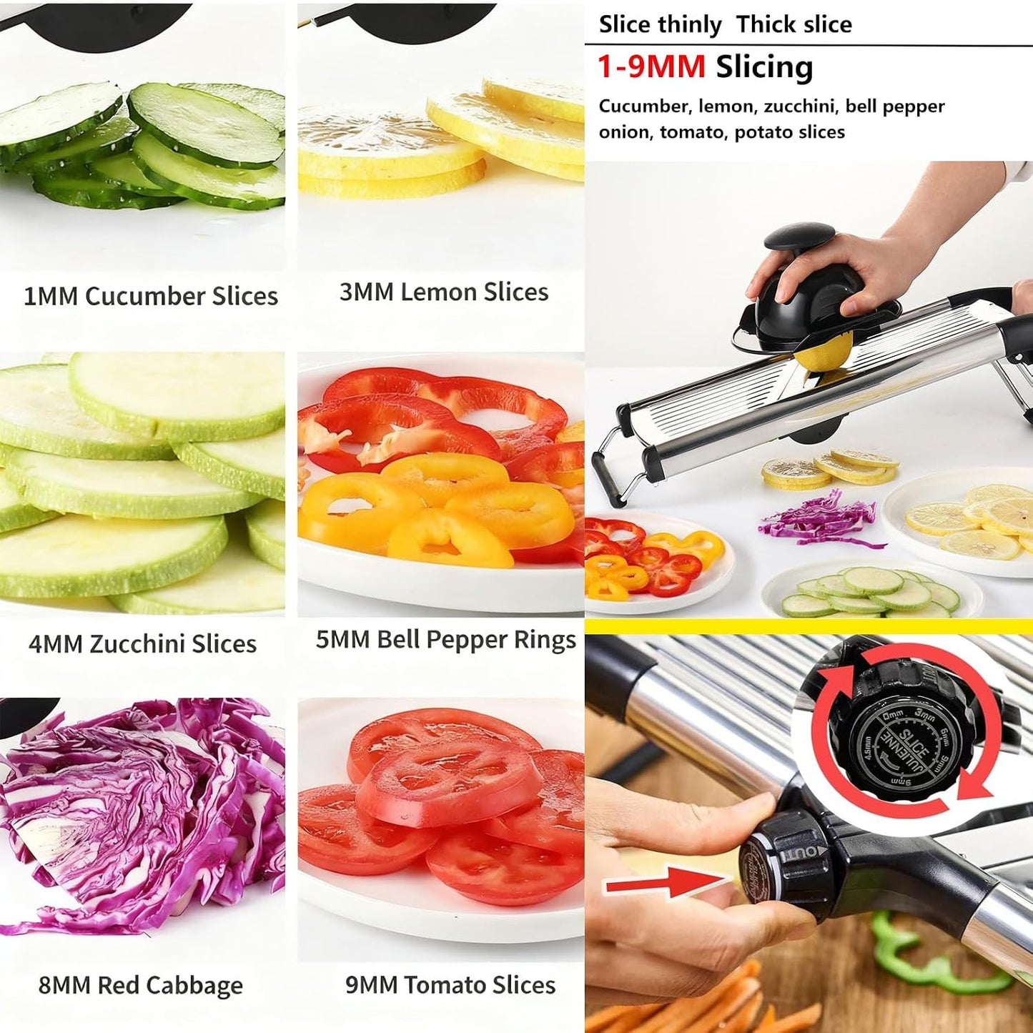 Mandoline Food Slicer for Kitchen, Adjustable Stainless Steel Mandoline Vegetable Slicer, Onion/Potato Slicer/French Fry Cutter, 6-Piece Fruit & Vegetable Cutting Set (Black/Silver)