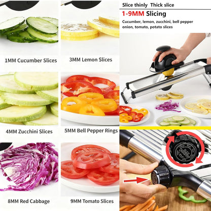 Mandoline Food Slicer for Kitchen, Adjustable Stainless Steel Mandoline Vegetable Slicer, Onion/Potato Slicer/French Fry Cutter, 6-Piece Fruit & Vegetable Cutting Set (Black/Silver)