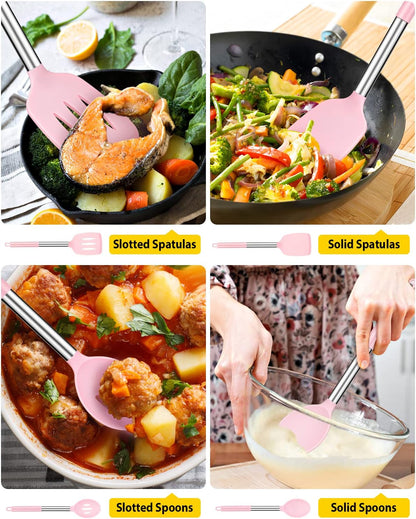 Pack of 4 Silicone Cooking Utensils Set, Non Stick Large Solid Spatulas, Heat Resistant Black Slotted Spoons, Ideal BPA Free Kitchen Turners for Frying, Mixing,Serving,Draining,Turning,Stirring