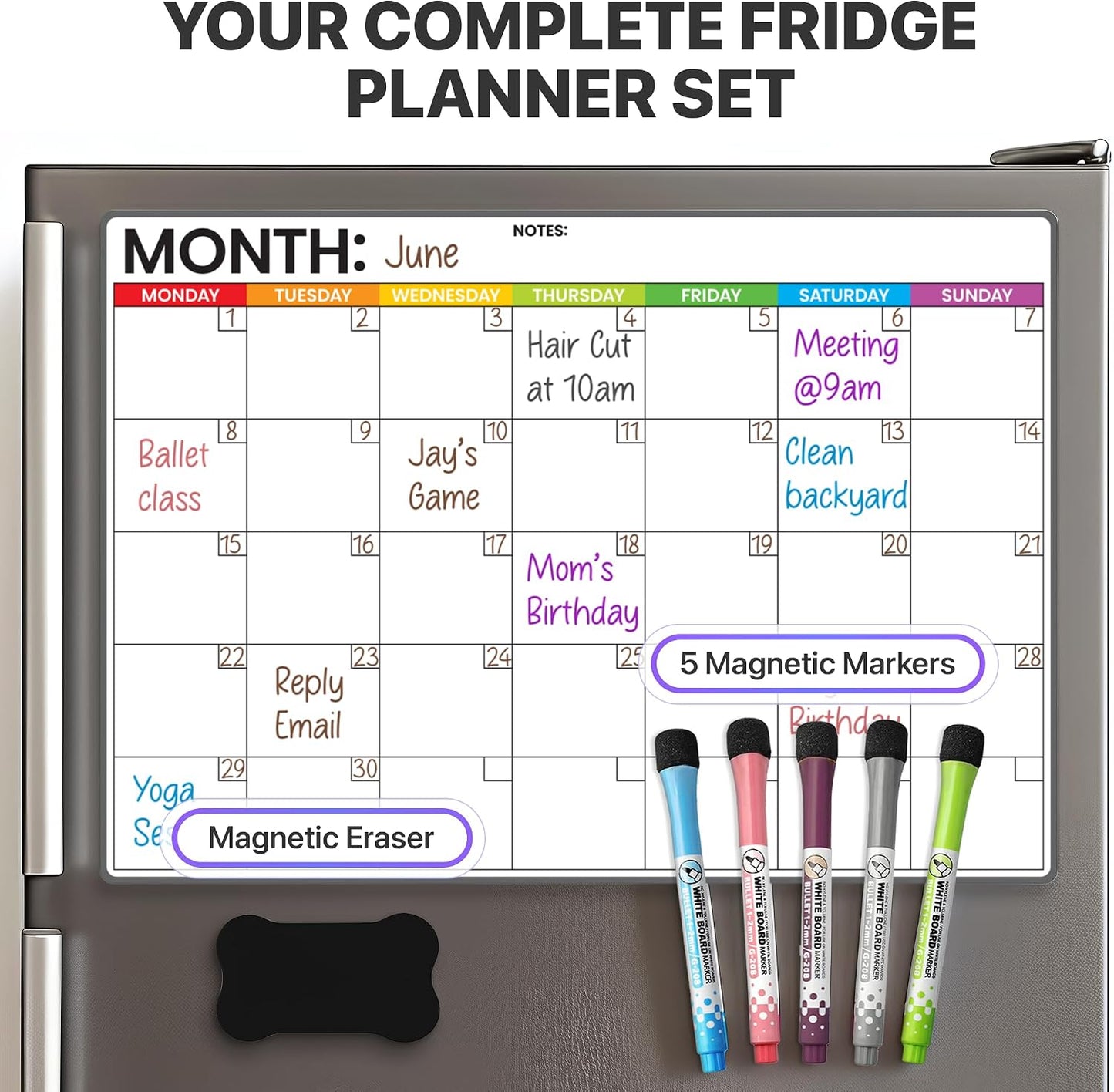 Fridge Calendar Acrylic 17x12”, Start Monday | Magnetic Calendar for Refrigerator | Acrylic Dry Erase Whiteboard Calendar for Fridge | Family Schedule Board with 5 Markers & Eraser by Freedom Mastery