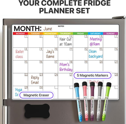 Fridge Calendar Acrylic 17x12”, Start Monday | Magnetic Calendar for Refrigerator | Acrylic Dry Erase Whiteboard Calendar for Fridge | Family Schedule Board with 5 Markers & Eraser by Freedom Mastery