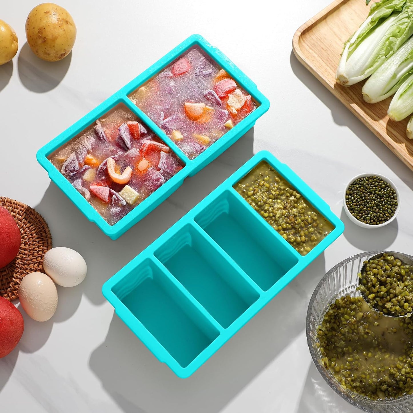 Silicone Freezer Trays with Lid for Soup, 1-Cup & 2-Cup Large Ice Cube Molds Food Storage Containers for Meal Prep, Freeze 500mL/250mL/125mL Portions – 2 Pack