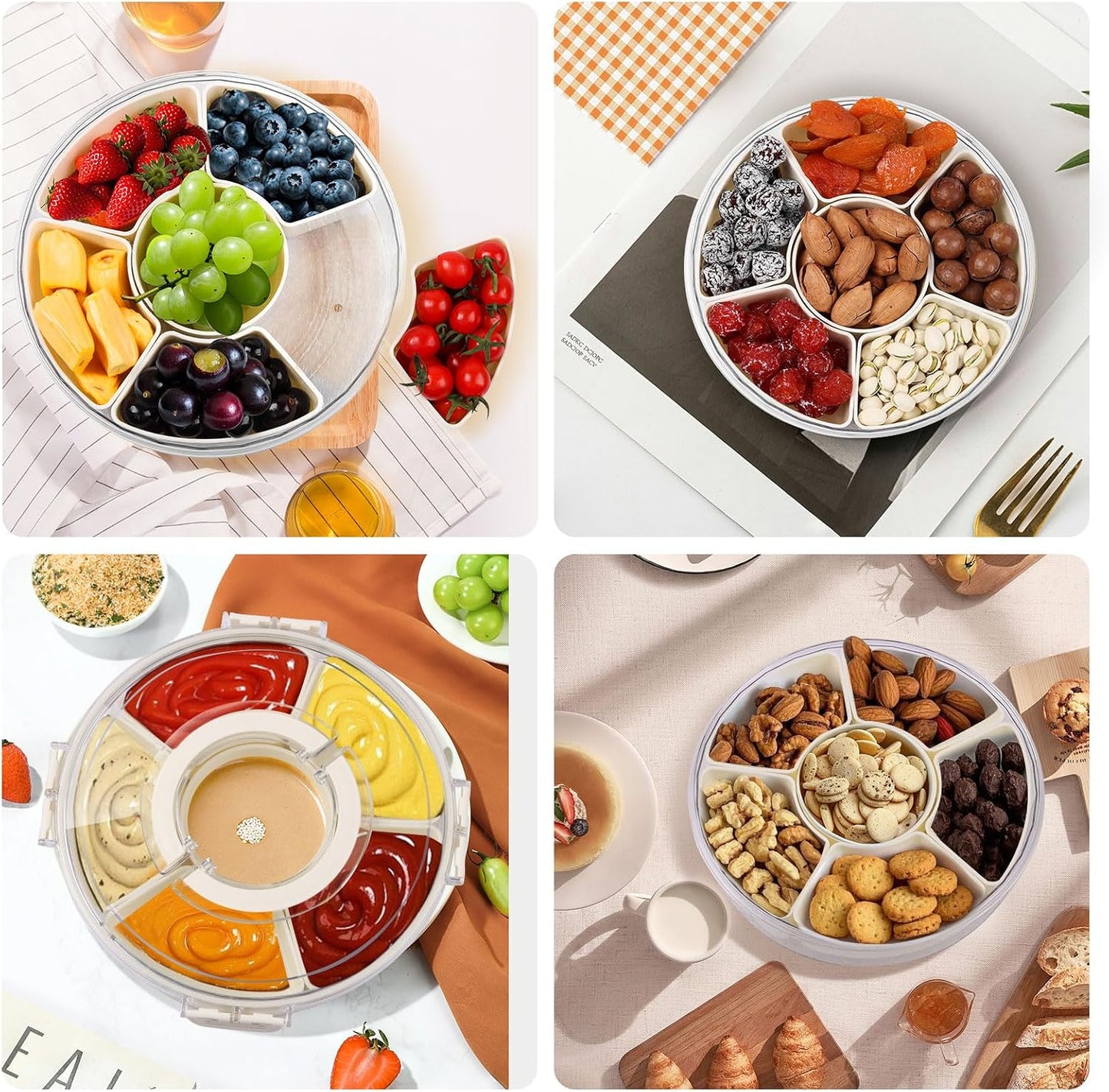 6 Compartment Snack Box Container with Lid and Handle, Divided Serving Tray with 360° Rotating Base, Snack Containers for Adults, Veggie Fruit Tray for Kitchen, Parties, Travel (cream color)