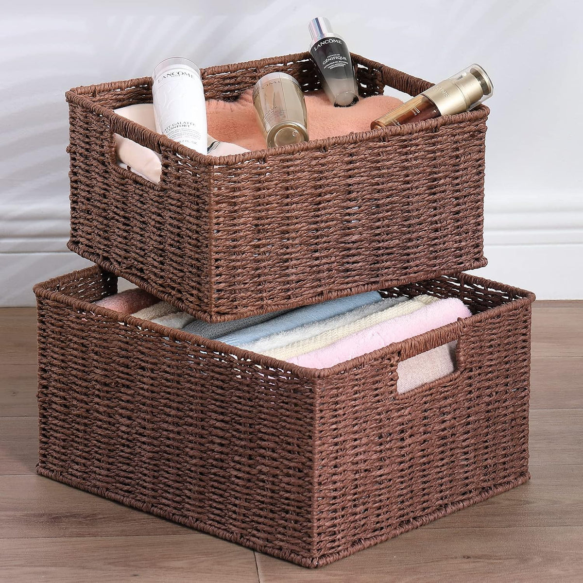 HOONEX Water Hyacinth Storage Baskets, Wicker Baskets for Storage, Hand Woven Baskets with Carry Handles, Set of 2, Natural