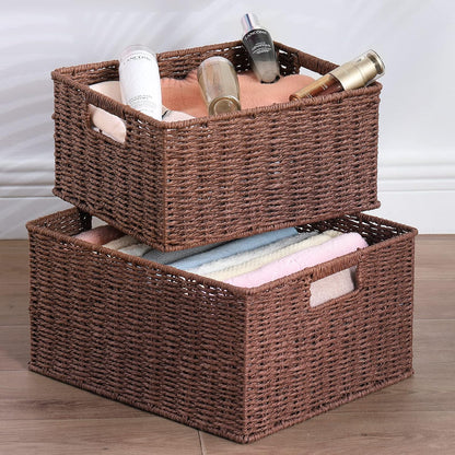 HOONEX Water Hyacinth Storage Baskets, Wicker Baskets for Storage, Hand Woven Baskets with Carry Handles, Set of 2, Natural