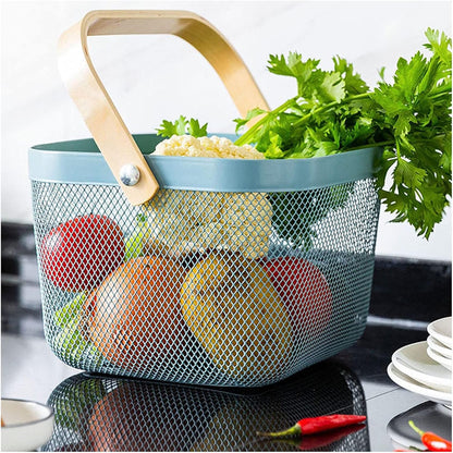 AJIODA Metal Mesh Steel Basket, Storage Organizer Basket Multi-functional Hanging Kitchen Baskets Fruit Basket Bin with Bamboo Handle for Kitchen Bathroom Picnic Shopping Decor Cabinet Home, Blue