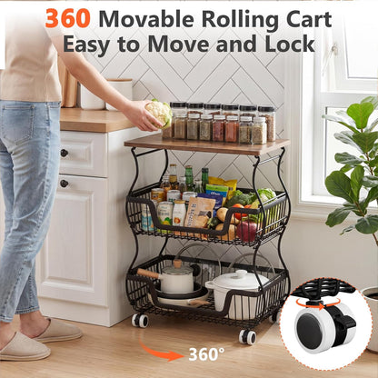 2 Pack 3-Tier Rolling Kitchen Storage Cart Fruit Basket Stand for Vegetables & Snacks Stackable Wire Pantry Floor Organizer with Wheels for Kitchen, Living Room, Bedroom, Office (Black)