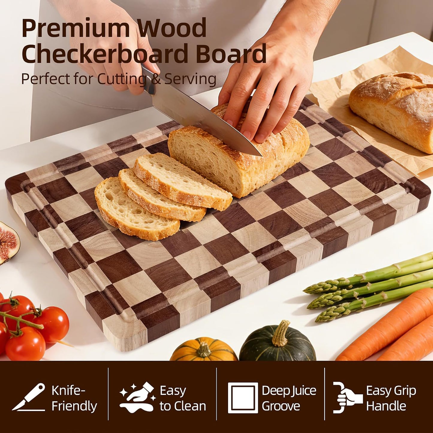 Cutting Board Set of 2 – Checkered Wood & Acrylic Cutting Board with Counter Lip for Kitchen Counter, Wood Checkerboard Chopping Board with Juice Grooves for Vegetables, Fruits, Meat