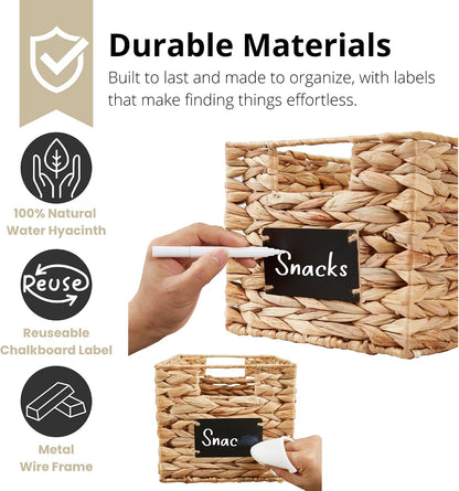 DECOMOMO Wicker Storage Baskets, Handwoven Pantry Baskets, Water Hyacinth Storage Baskets w/Chalkboard and Marker (Natural, Set of 2)
