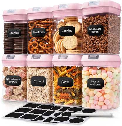 Set of 8 Airtight Food Storage Containers - Pantry Organizer Bins, BPA Free Plastic Containers plus Dry Erase Marker and Labels, Pink