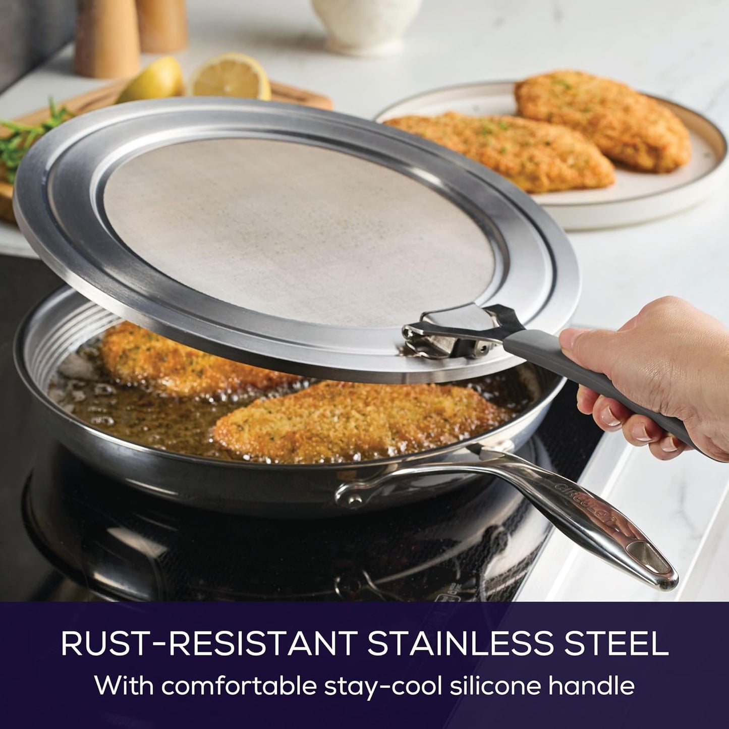 Circulon Tools and Gadgets Universal Splatter Guard Mesh Grease Cover for Pots and Pans Protects Stove, Countertop, and Kitchen from Oil when Frying, 13 Inch Splatter Guard - Stainless Steel