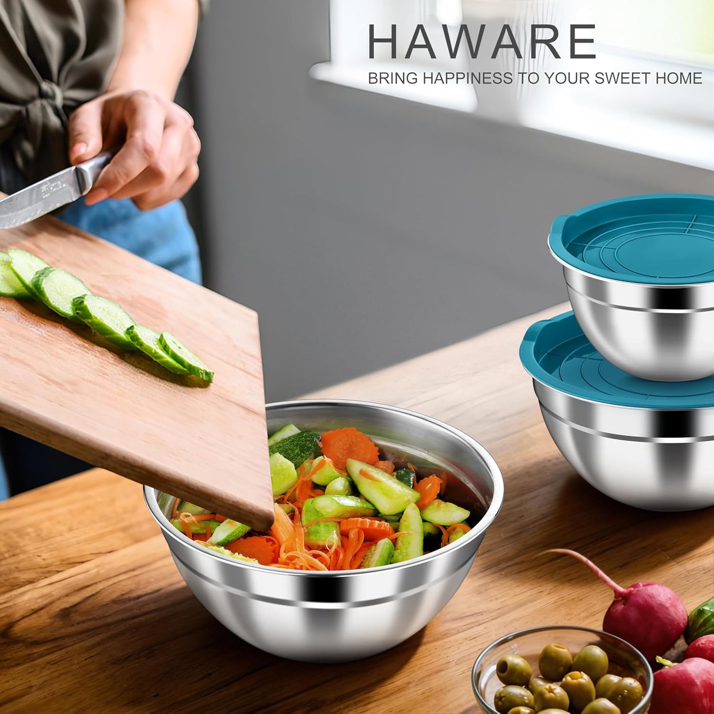 HaWare Mixing Bowls with Airtight Clear Lids, 6-Piece Stainless Steel Strong Nesting Bowls Set, Metal Salad Bowl for Cooking, Prepping, Baking, Serving & Food Storage, Size 4.6, 3, 1.5QT, Khaki