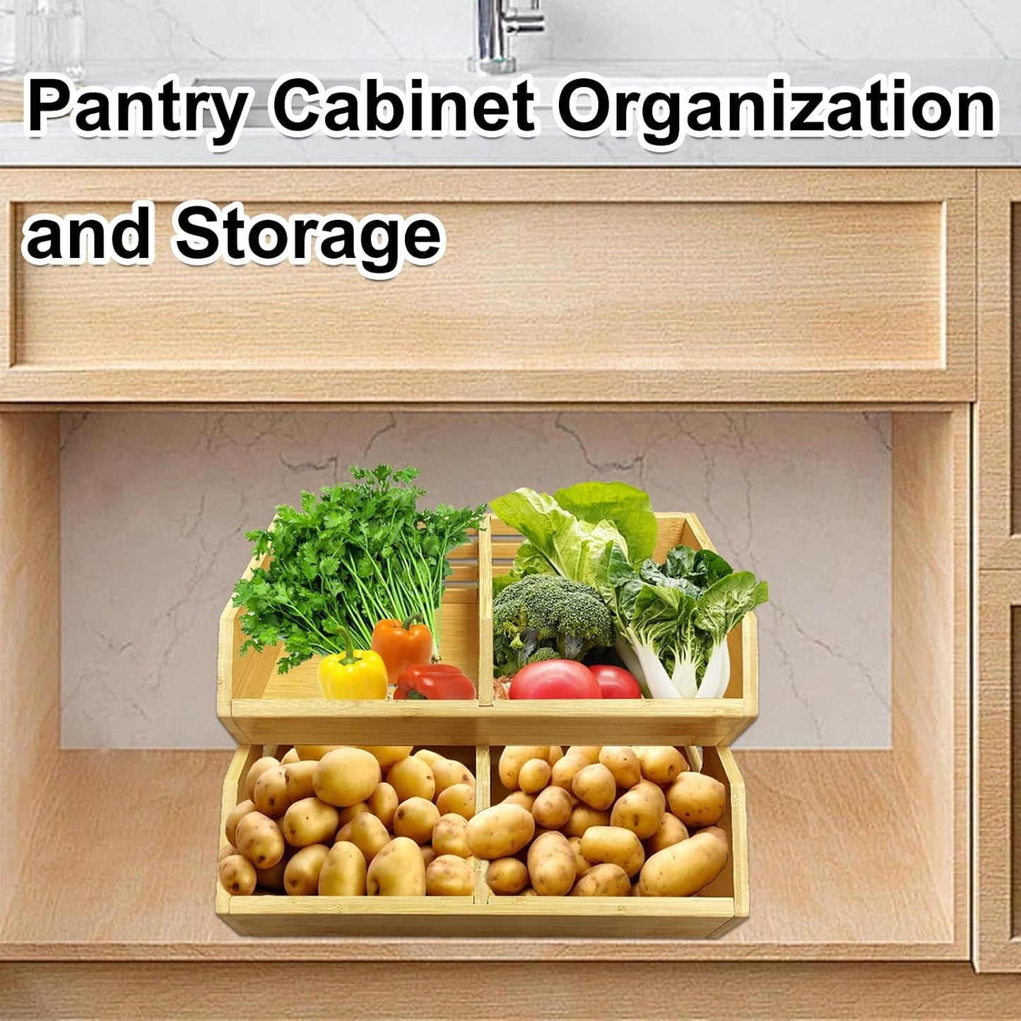 2-Pack Stackable Vegetable Storage Bins, Kitchen and Pantry Organizers and Storage Baskets, for Fruit, Vegetable, Produce, Bread, Potato Onion and Snacks, Bamboo Kitchen Storage Containers