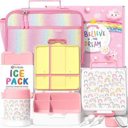 Fimibuke Kids Bento Snack Lunch Box with 4 Compartment, Insulated Lunch Bag, Stainless Steel Vacuum Thermo Food Jar, Ice Pack, Utensils Set, Birthday Gifts for Age 3-12 Back to School Toddler Girl Boy