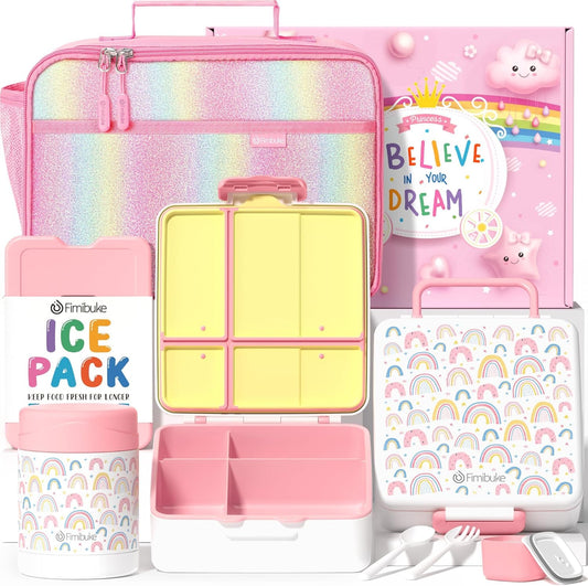 Fimibuke Kids Bento Snack Lunch Box with 4 Compartment, Insulated Lunch Bag, Stainless Steel Vacuum Thermo Food Jar, Ice Pack, Utensils Set, Birthday Gifts for Age 3-12 Back to School Toddler Girl Boy