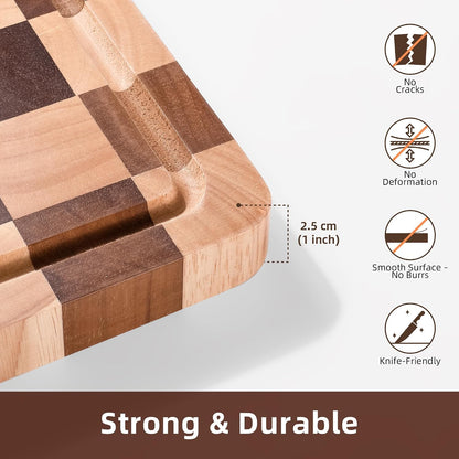Cutting Board Set of 2 – Checkered Wood & Acrylic Cutting Board with Counter Lip for Kitchen Counter, Wood Checkerboard Chopping Board with Juice Grooves for Vegetables, Fruits, Meat