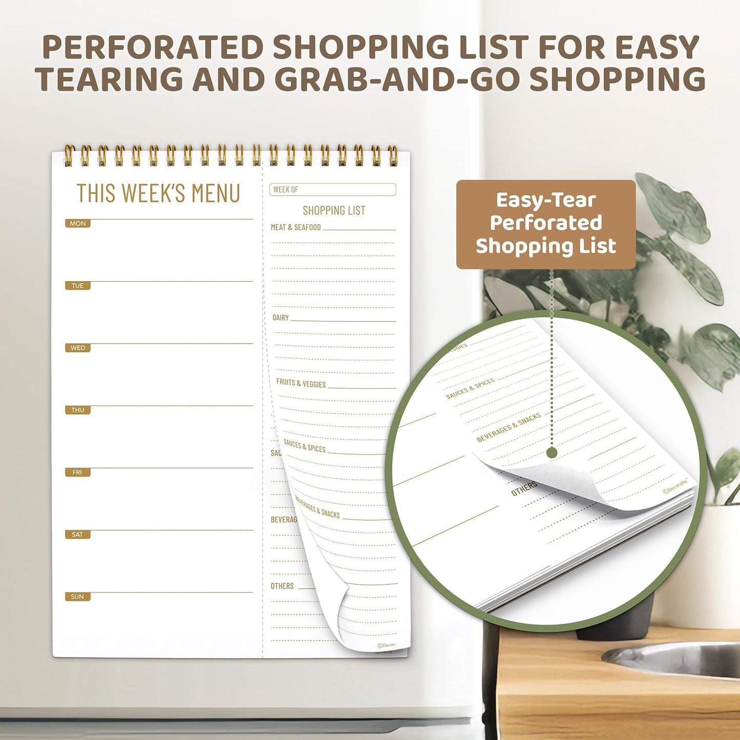 Decorably 52 Sheets Minimalist Undated Magnetic Weekly Meal Planner and Grocery List with 4 Strong Magnets, 7x10in Spring-Bound Refrigerator Mountable, Easy Tear-Off Design