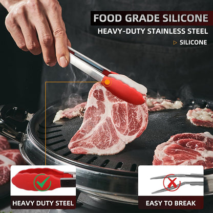 Pack of 3 Stainless Steel Kitchen Tongs with Silicone Tips – Non-Stick Cooking, Grilling & BBQ Tongs for Serving, Dishwasher Safe, 7", 9" & 12", Black