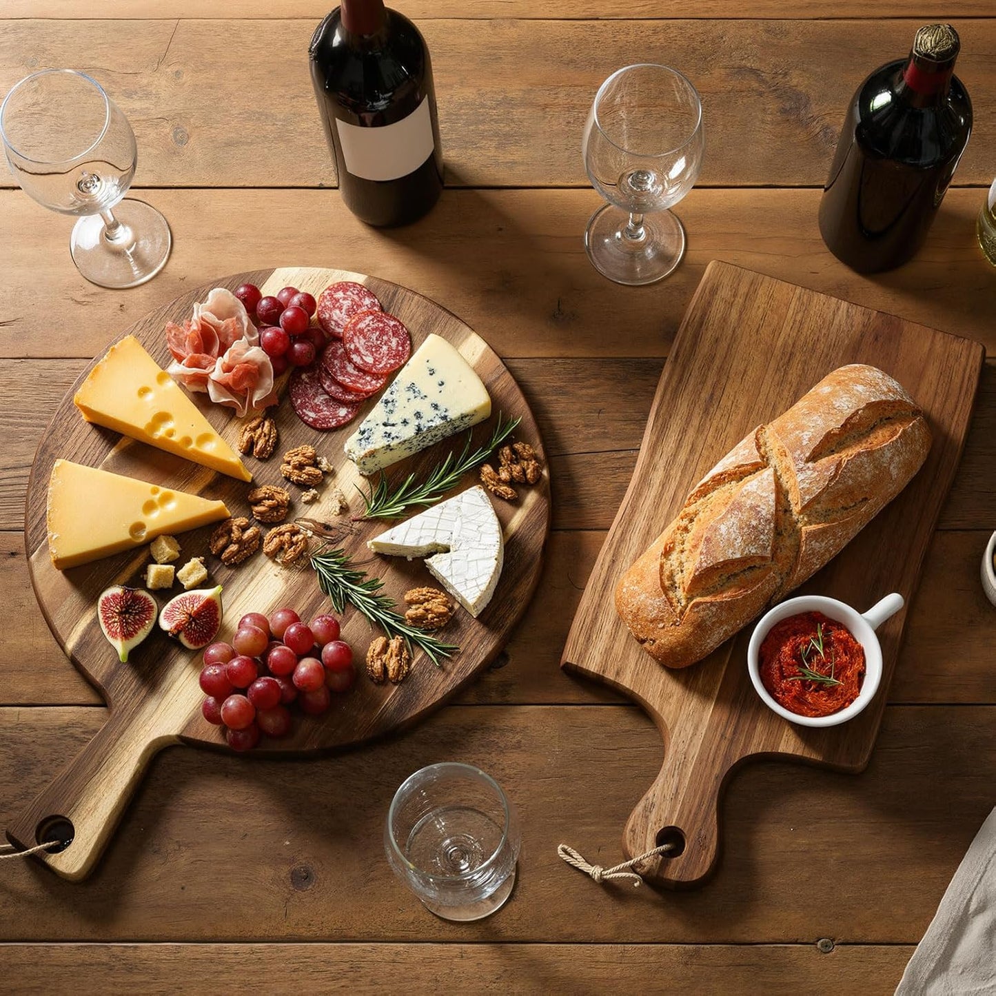 Hsei 2 Pcs Acacia Wood Cutting Board with Handle Wooden Charcuterie Board Large Paddle Carving Chopping Set Butter Serving Tray for Cheese Meat Fruit Pizza Bread(Vintage Style, 16x12, 17x13 Inch)