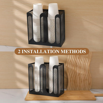 Maxcheck Metal Mesh Cup and Lid Holder Coffee Paper Cup Dispenser Lid Holder Storage Organizer Countertop or Wall Mount for Coffee Bar, Kitchen, Breakroom(4 Compartments,16.1 x 4.1 x 8 Inch)