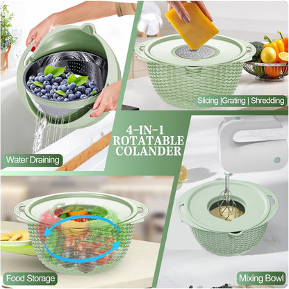 4-in-1 Colander with Bowl Set — Patented 360° Rotatable Strainer Bowl with 3 Graters, Snap-On Lid & Non-Slip Base, Funny Kitchen Present for Women, Aesthetic Pasta Fruit Vegetable Strainer (Beige)