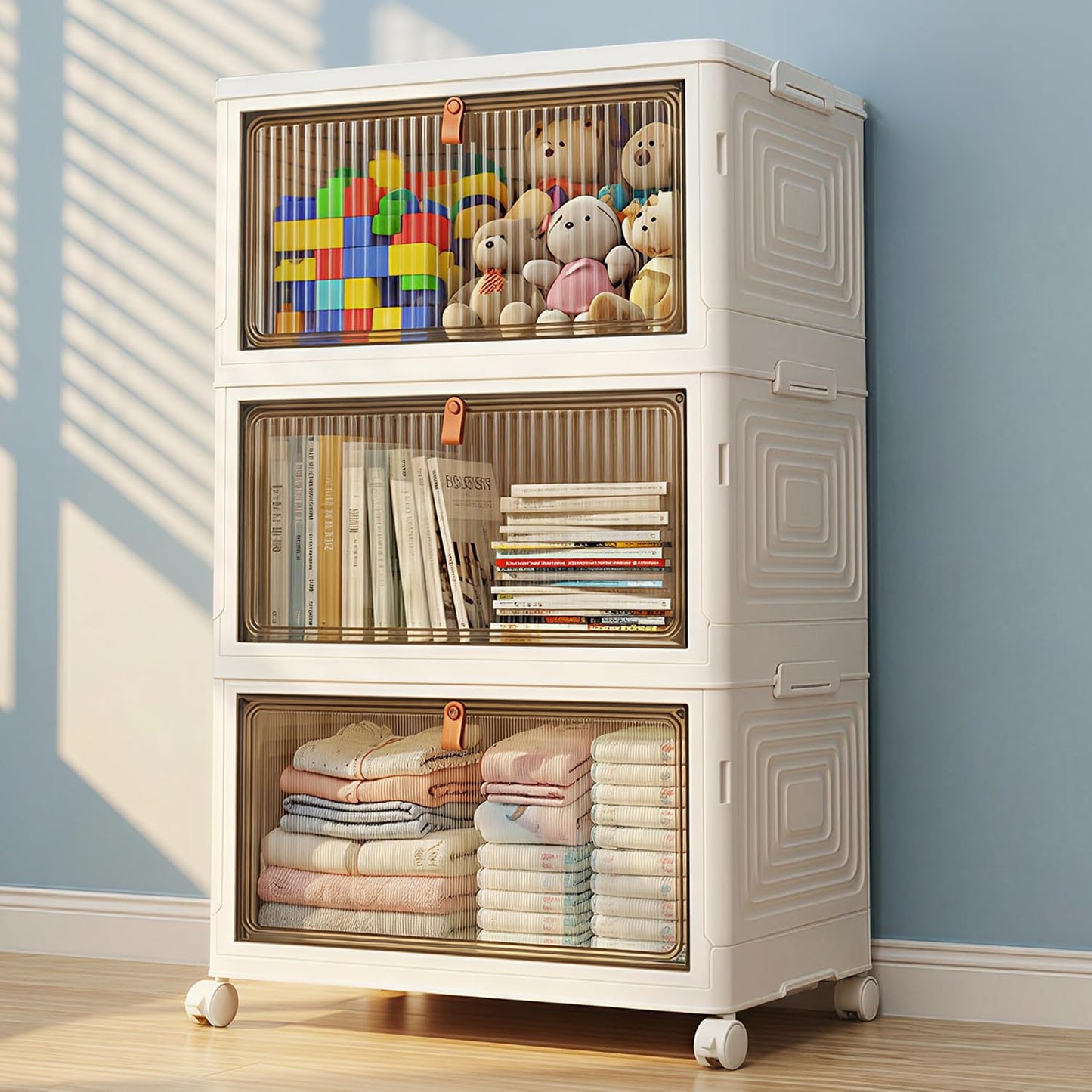 LDQ 136Qt Large Storage Bins with Lids, 4 Tier Stackable Storage Cabinet with Wheels & Clear Doors, Foldable Plastic Closet Organizer for Bedroom, Bathroom & Kitchen