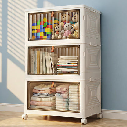 LDQ 136Qt Large Storage Bins with Lids, 4 Tier Stackable Storage Cabinet with Wheels & Clear Doors, Foldable Plastic Closet Organizer for Bedroom, Bathroom & Kitchen