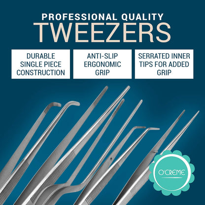 O'Creme Set of Culinary Tweezer Tongs Offset, Straight and Curved, Plus Super Sharp Chef Scissors, Total 6 Pieces (Rose Gold)