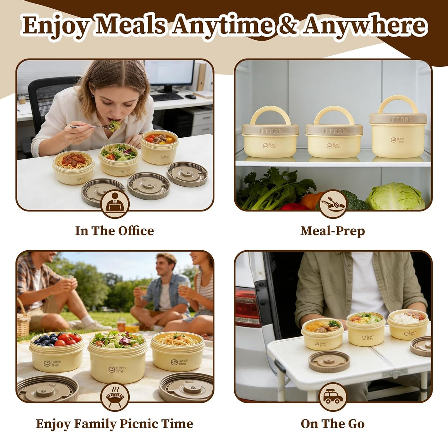 Portable Bento Box Adult Lunch Box Set, 3 Pcs Glass Lunch Container for Adults, 15 Oz+15 Oz+22 Oz Adult Lunchable Containers with Insulated Bag, Leak-Proof, Microwave Safe (Yellow (Glass Liner))