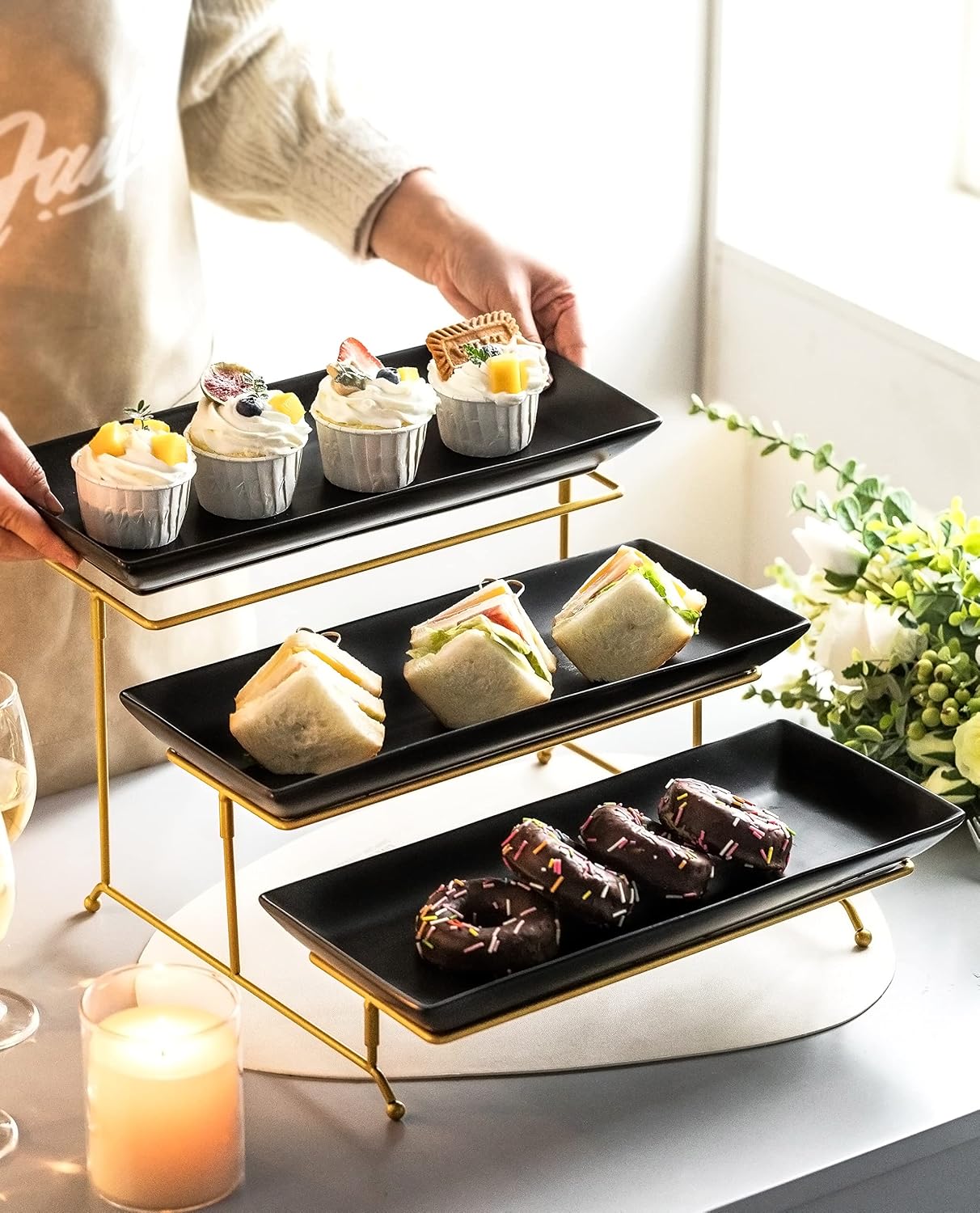 LYEOBOH 3 Tier Serving Bowls Set Tiered Serving Stand, Porcelain Oval Bowls with Collapsible Metal Stand for Entertaining, Party, Dessert Display, Candy, Chip and Dip (Gold)-45oz / 17.5oz / 7oz
