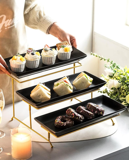 LYEOBOH 3 Tier Serving Bowls Set Tiered Serving Stand, Porcelain Oval Bowls with Collapsible Metal Stand for Entertaining, Party, Dessert Display, Candy, Chip and Dip (Gold)-45oz / 17.5oz / 7oz