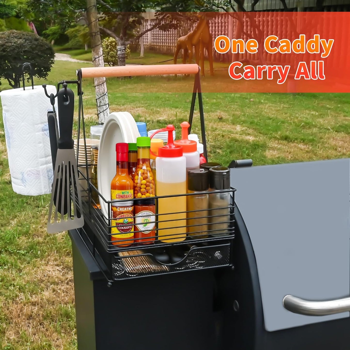 Grill Caddy with Paper Towel Holder and Plate Holder,Picnic BBQ Condiment Utensil Organizer Caddy for Camping, Rv, Camping Essential, Camper Must Haves, Grilling Gifts for Men