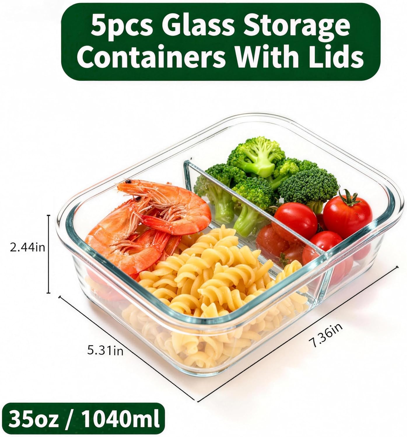 Glass Meal Prep Containers 5 Pack - Lunch Boxes with Leakproof Lids, Food Storage Containers, Bento Boxes, Gray (3 Compartment)