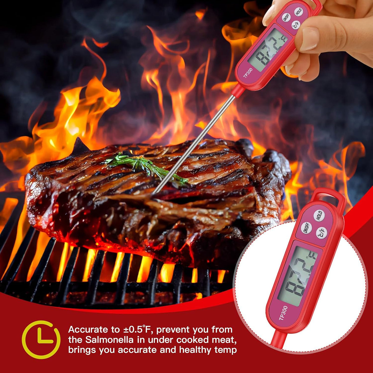 Copkim Food Thermometer Instant Read Probe BBQ,Red
