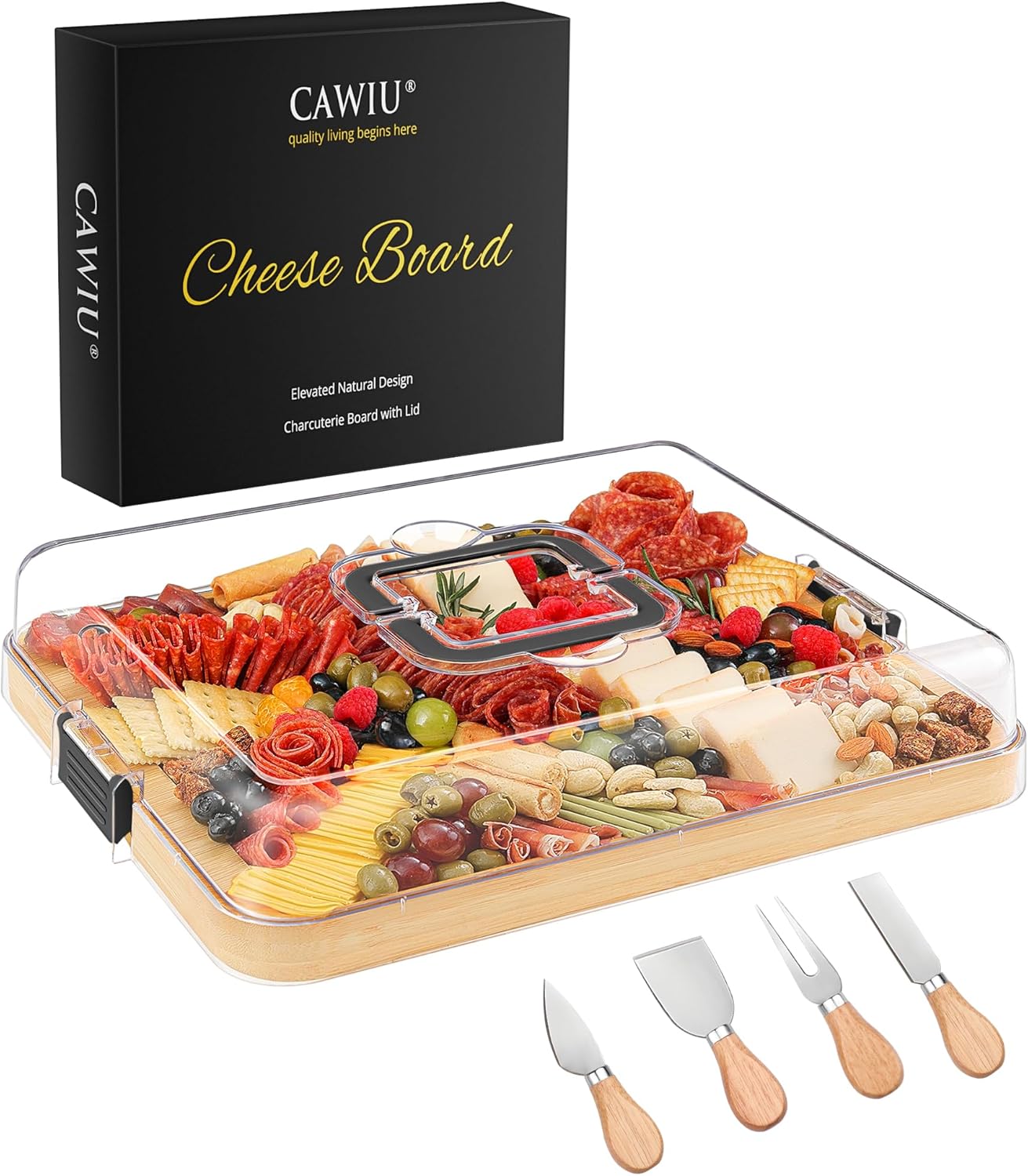 CAWIU Portable Travel Charcuterie Board with Lid and Handle - Large Bamboo Cheese Board with 4 Cheese Knife Set for Outdoor, Picnics - Weddings, House Warming Gift for Women (1 Compartment, White)