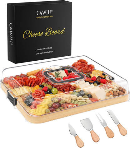 CAWIU Portable Travel Charcuterie Board with Lid and Handle - Large Bamboo Cheese Board with 4 Cheese Knife Set for Outdoor, Picnics - Weddings, House Warming Gift for Women (1 Compartment, White)