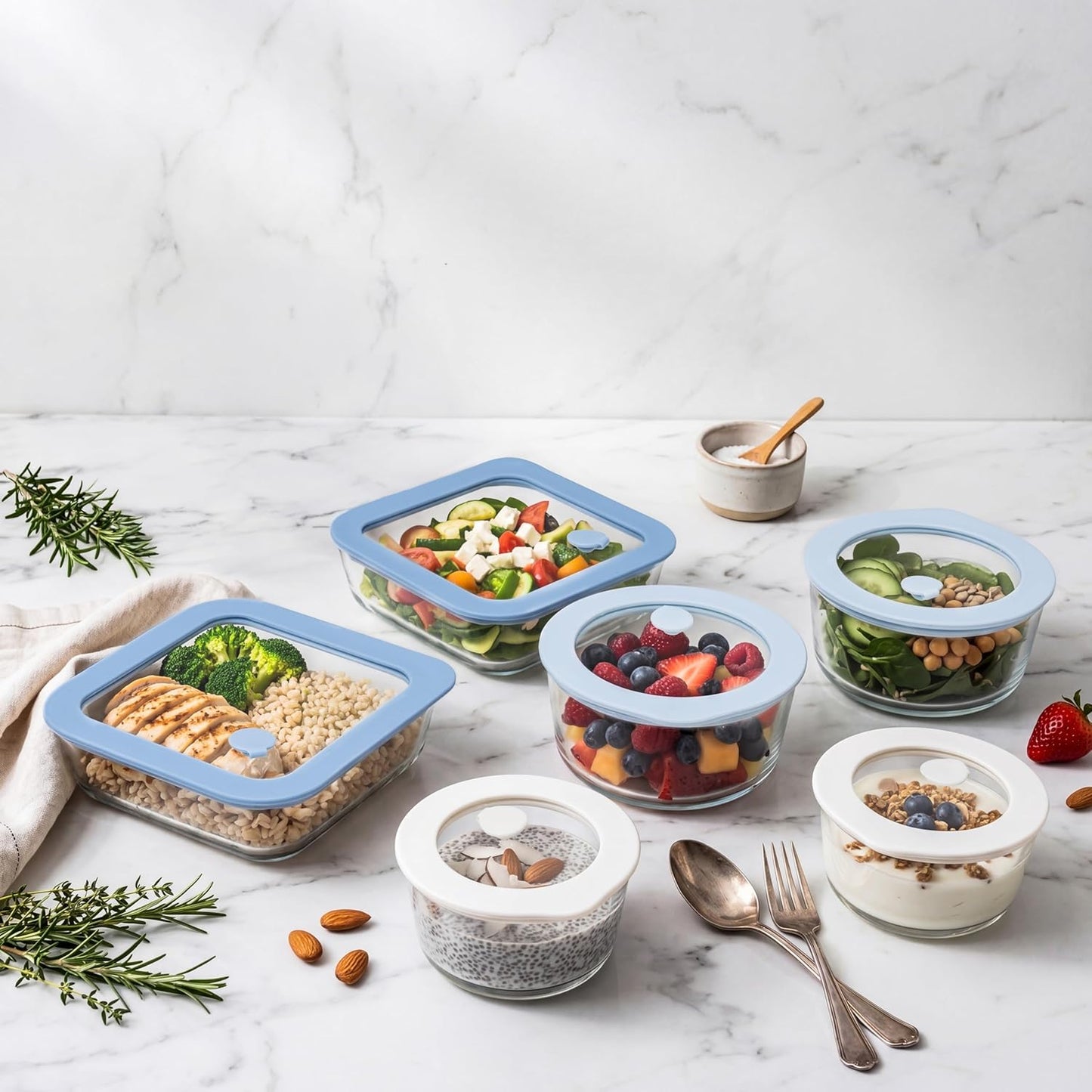 Urban Green Glass Food Container Set with Glass Lid, 5 Pack, Meal Prep Containers with Silicone Framed Airtight Lid, Leakproof, 100% Plastic Free