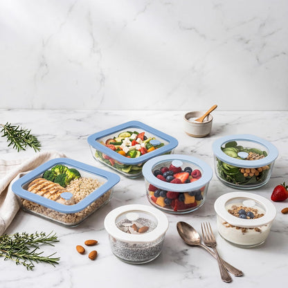 Urban Green Glass Food Container Set with Glass Lid, 5 Pack, Meal Prep Containers with Silicone Framed Airtight Lid, Leakproof, 100% Plastic Free