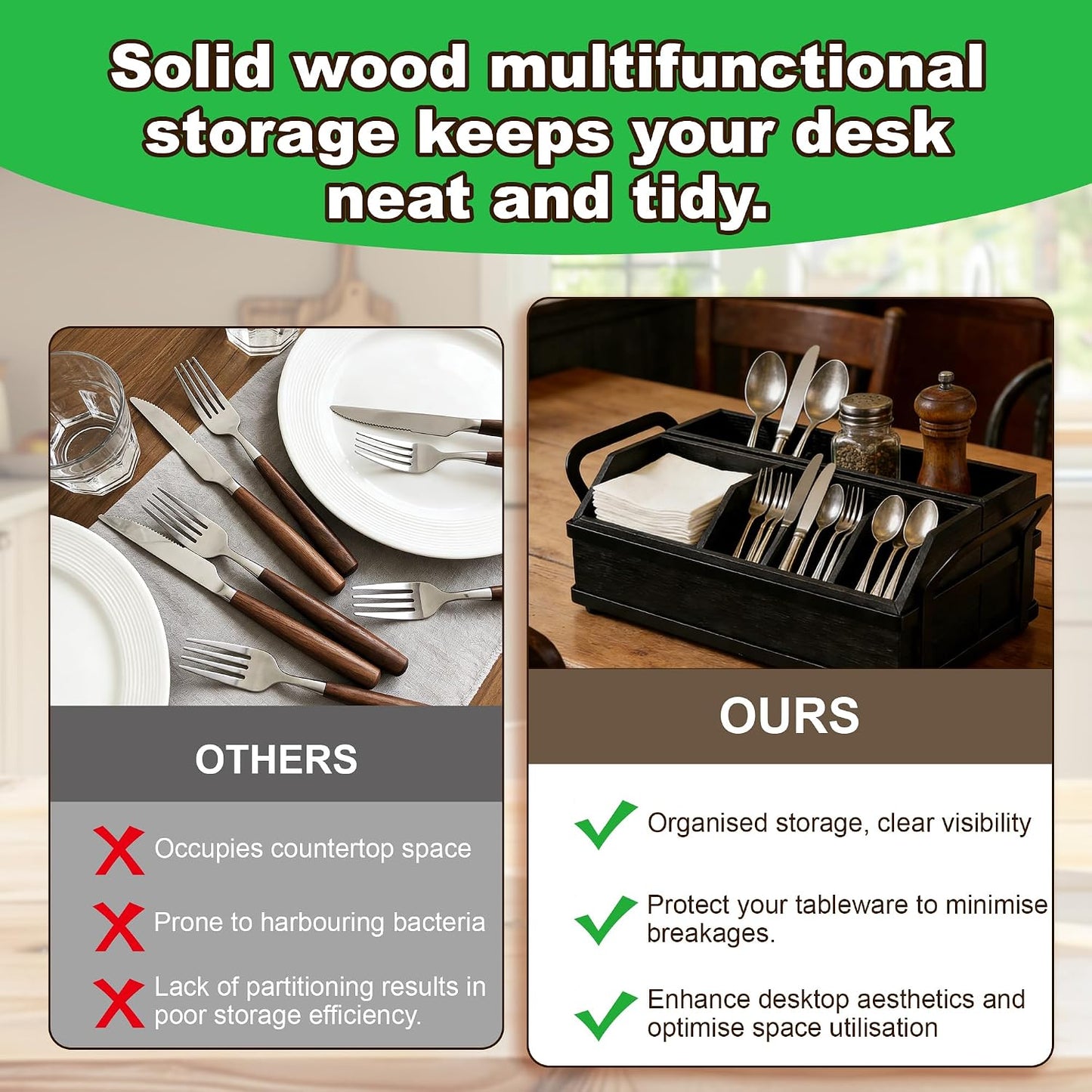 Large Kitchen Utensil Holder Caddy, 6 Compartments Wooden Utensils Organizer for Cooking Utensils, Silverware, Paper Plate, Spoon, Fork, Cutlery Storage on Kitchen Countertop for Party Hosting