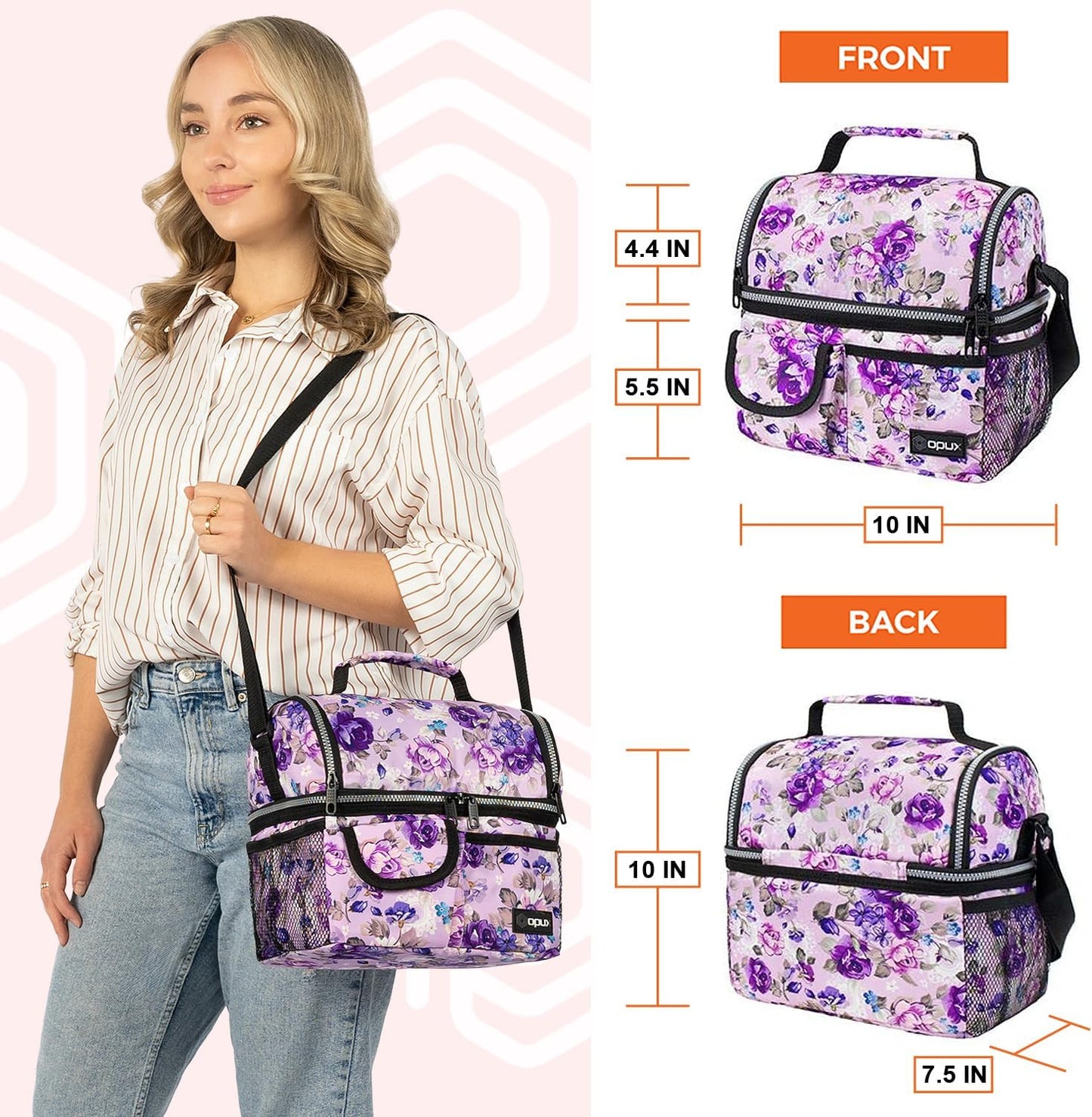 opux Insulated Lunch Bag Women Men, Dual Compartment Leakproof Lunch Box Adults Kids, Double Decker Meal Prep Bento Lunch Cooler Tote with Shoulder Strap for Work Office School Travel, Floral Purple
