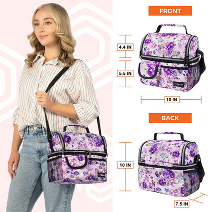 opux Insulated Lunch Bag Women Men, Dual Compartment Leakproof Lunch Box Adults Kids, Double Decker Meal Prep Bento Lunch Cooler Tote with Shoulder Strap for Work Office School Travel, Floral Purple