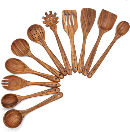 Wooden Spoons for Cooking, Natural Teak Wooden Kitchen Utensils Set Wooden Utensils for Cooking Wooden Cooking Utensils Wooden Spatulas for Cooking (10)
