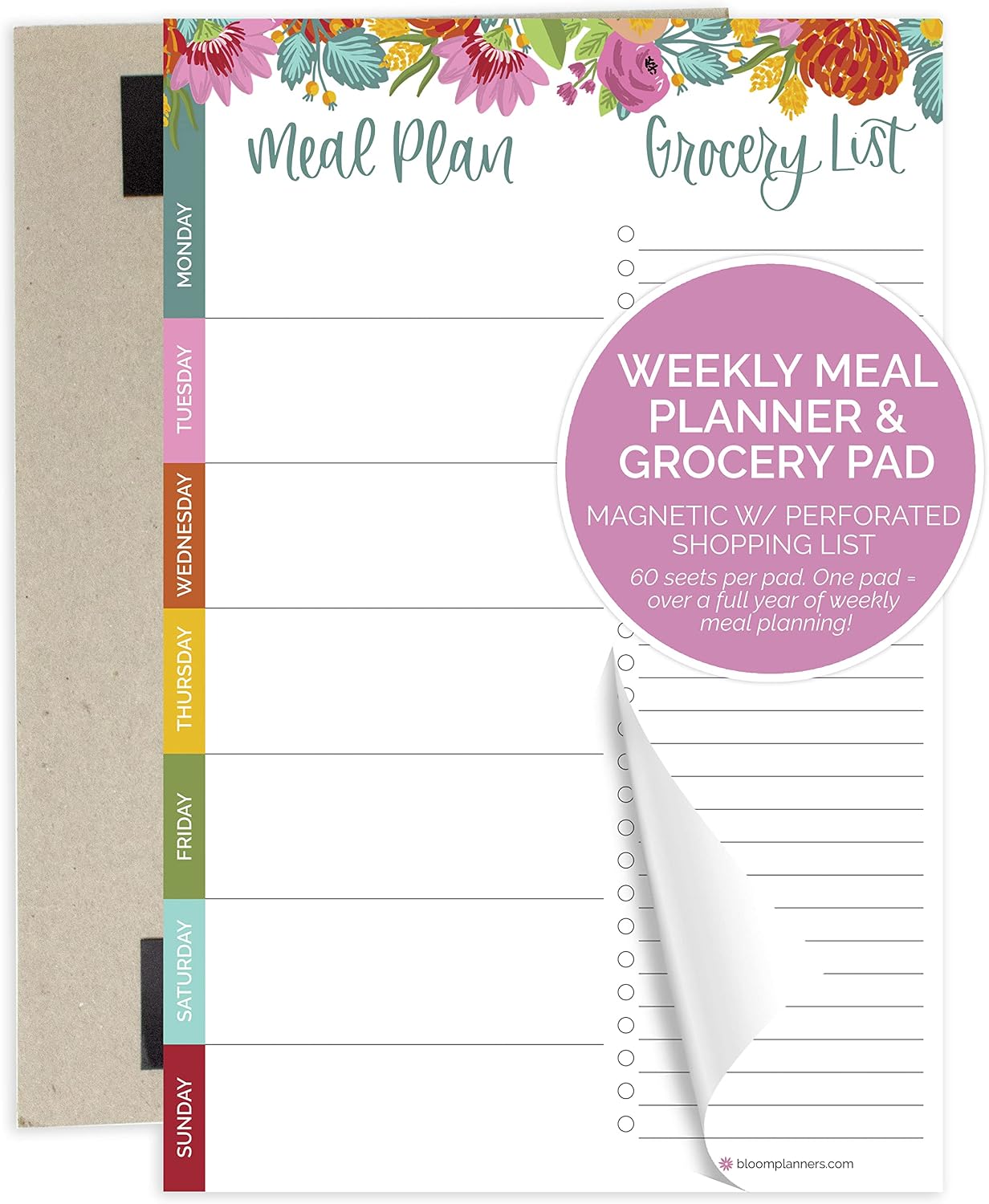 bloom daily planners Weekly Meal Planning Pad - Magnetic Hanging Refrigerator Menu Planner with Tear-Off Sheets & Perforated Grocery Shopping Lists - 6” x 9” (Grey & Pink)