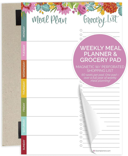 bloom daily planners Weekly Meal Planning Pad - Magnetic Hanging Refrigerator Menu Planner with Tear-Off Sheets & Perforated Grocery Shopping Lists - 6” x 9” (Grey & Pink)