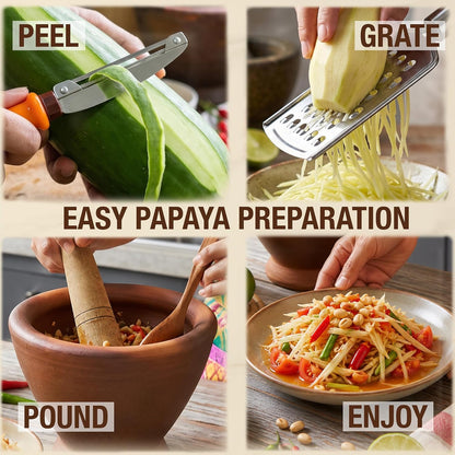 Thai Clay Mortar and Wooden Pestle Set for Som Tum, Authentic Papaya Salad Kit with Peeler, Grater & Spoon