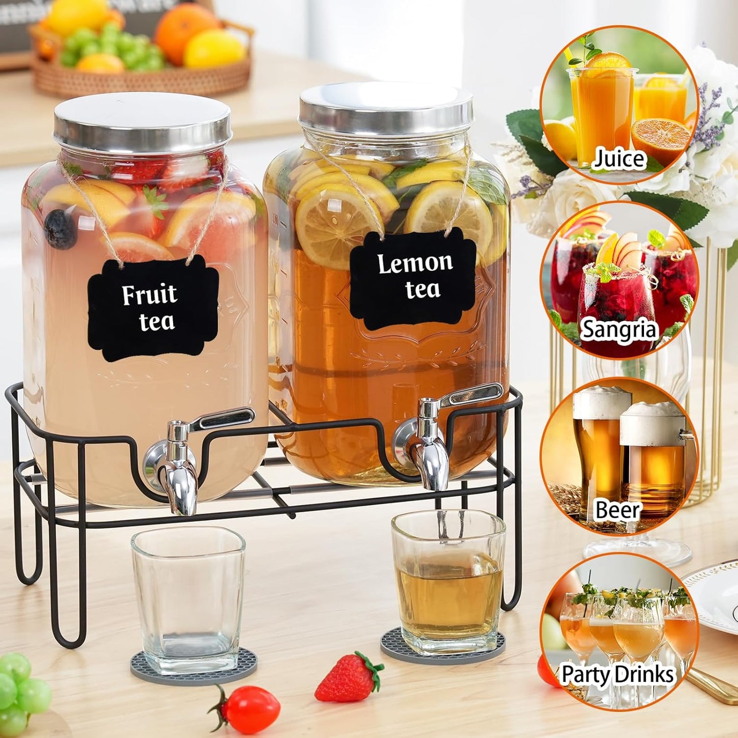 Bululuo Glass Drinks Dispenser for Parties, 2 Gallon Beverage Dispenser with Stand for Juice and Iced Tea, Water Jug Dispenser for Lemonade, Party Essential Beverage Pitcher with Spout