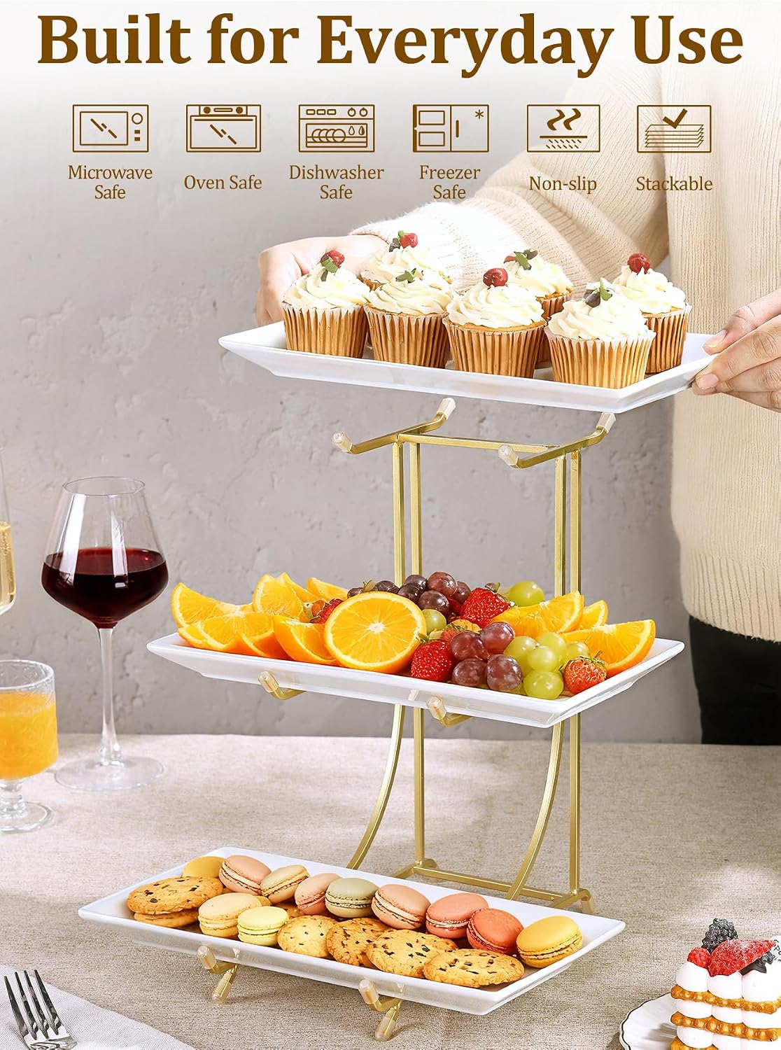 Yedio 3 Tier Serving Tray Set – 12 Inch Porcelain Serving Platters with Pre-Assembled Gold Metal Stand, No Installation Required, Tiered Tray for Dessert Fruit Food Display and Party Entertaining