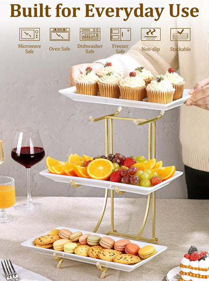 Yedio 3 Tier Serving Tray Set – 12 Inch Porcelain Serving Platters with Pre-Assembled Gold Metal Stand, No Installation Required, Tiered Tray for Dessert Fruit Food Display and Party Entertaining